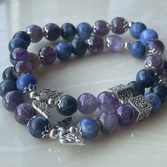 Amethyst sodalite Angel wings tree of life ONE NEW stretch bracelet beaded - Picture 5 of 11